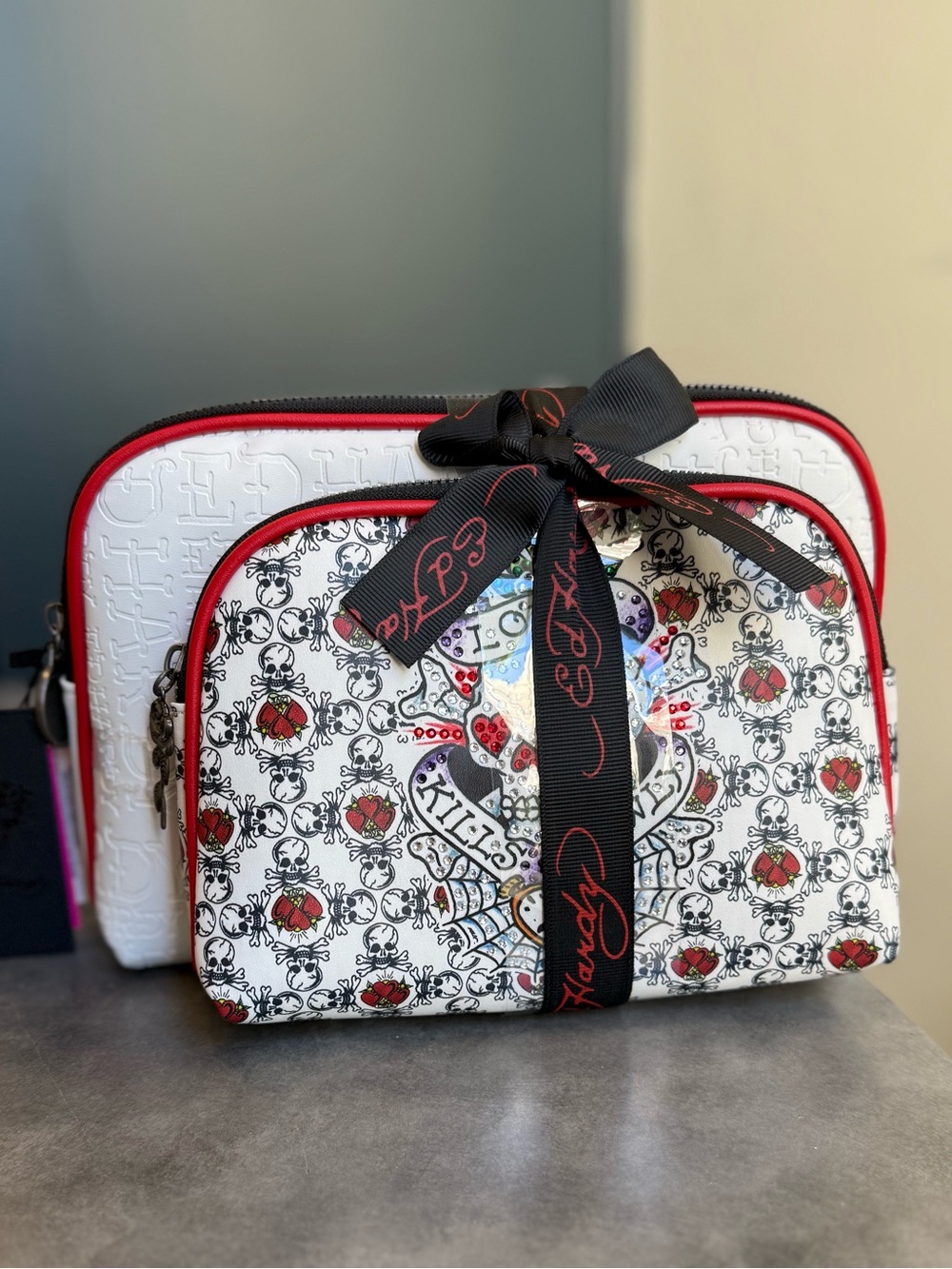 Ed Hardy White Red Black Patterned Cosmetic Bag with Bow